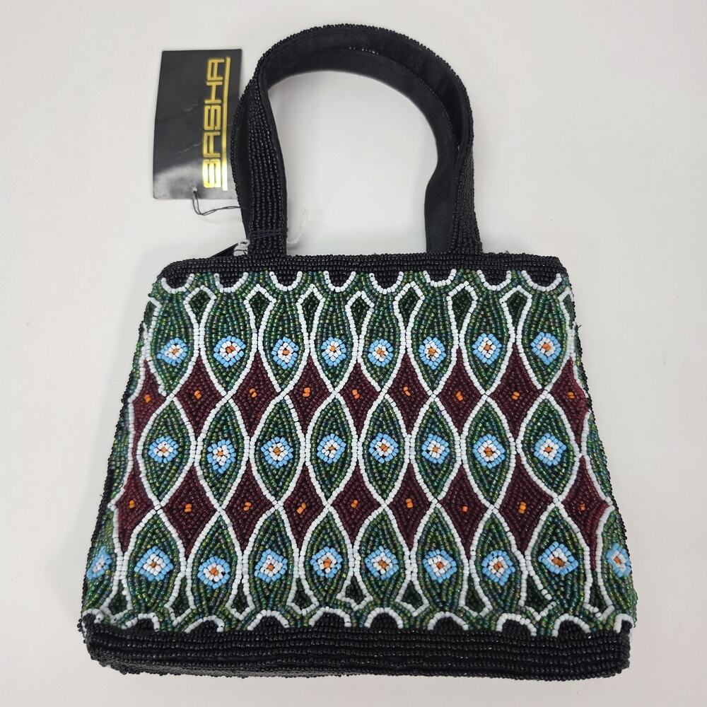 👉 Sasha Handbags Beaded Mini Tote Bag NWT Peacock/ Zebra Black White Y2K Style